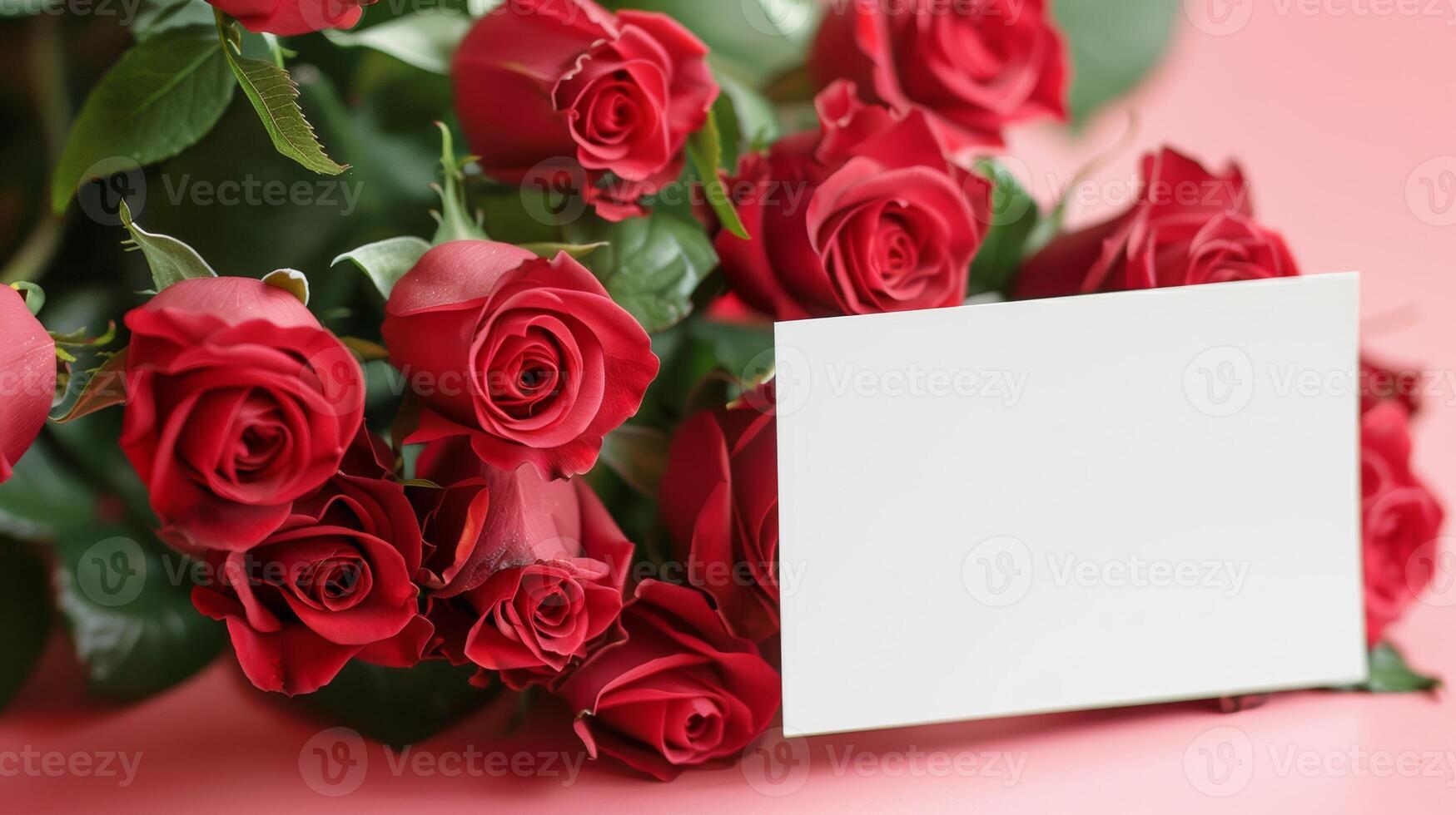 mockup of a white card beside red rose bouquet, soft pastel tones photo