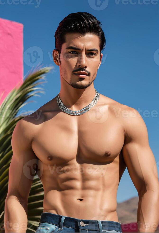 hermoso sin camisa asiático masculino modelo con un elegante collar posando con confianza en contra un vibrante Desierto fondo, ideal para Moda y viaje temática contenido foto