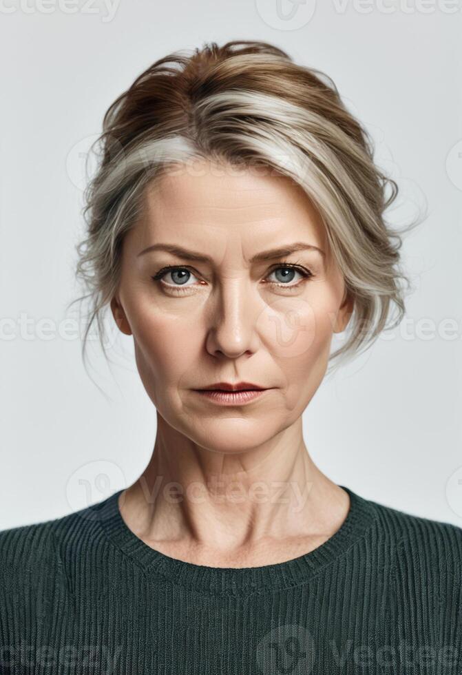 Mature Caucasian woman with a confident expression, wearing a dark sweater, isolated on a grey background, conceptually fits empowerment and International Womens Day photo