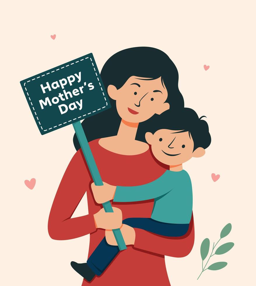 Illustration Of Mother Holding Son In Arms. Happy Mothers Day concept vector