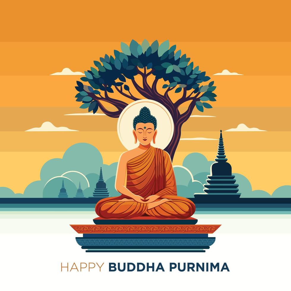 ilustración de Buda purnima. Buda sentado debajo un bodhi árbol montaña templo antecedentes. asadha purnima, Buda purnima vector