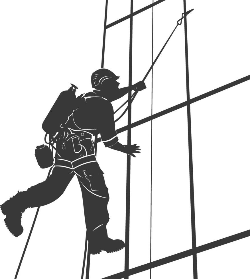 Silhouette Skyscraper window cleaner in action full body black color only vector