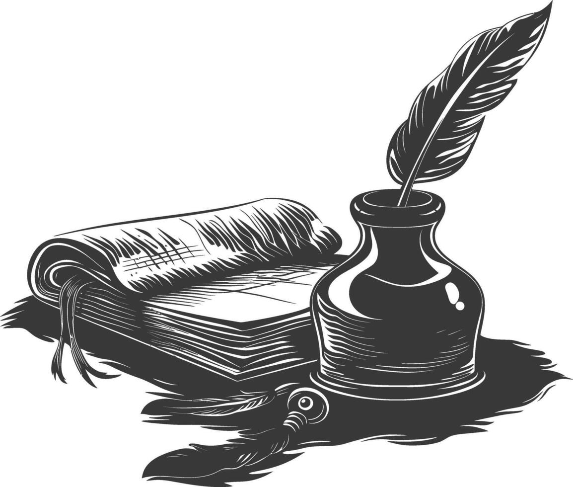Silhouette Scroll paper and quill in inkwell black color only vector