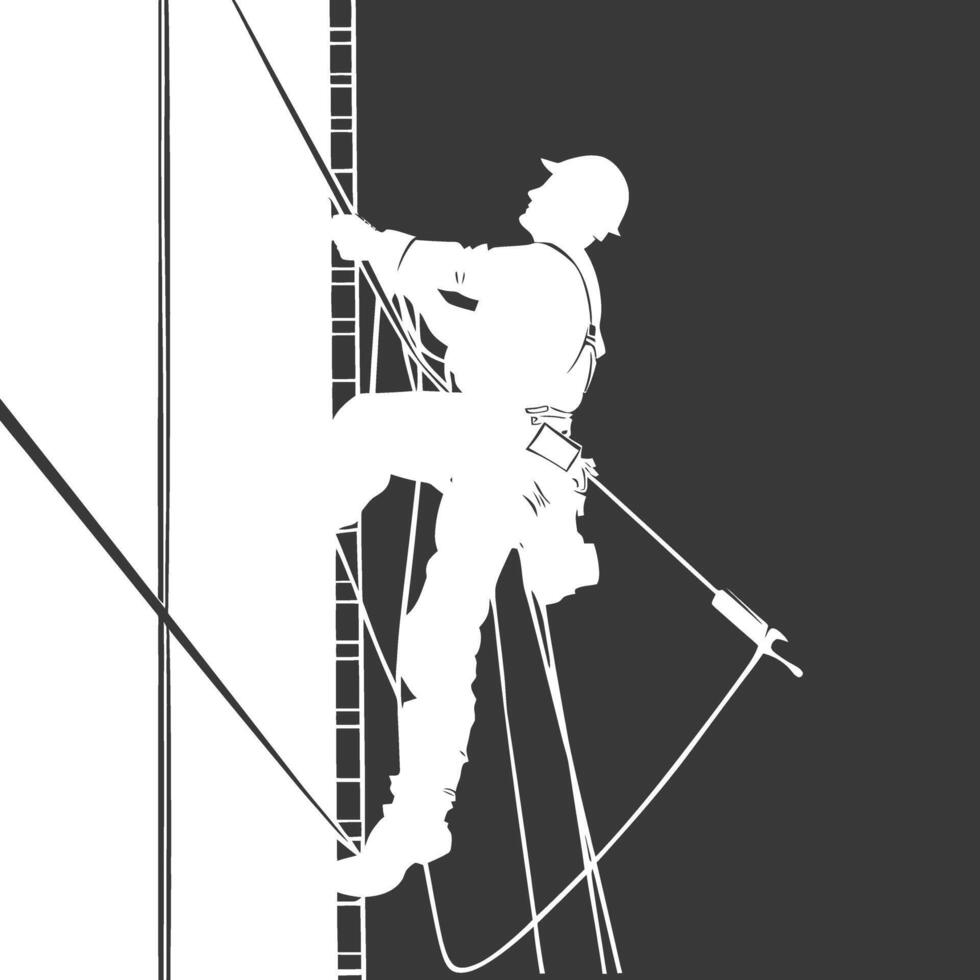 Silhouette Skyscraper window cleaner in action full body black color only vector