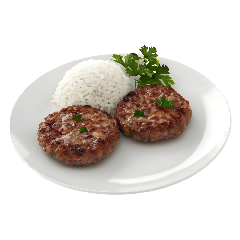 3D Rendering of a White Rice with meat piece in a Plate on Transparent Background png