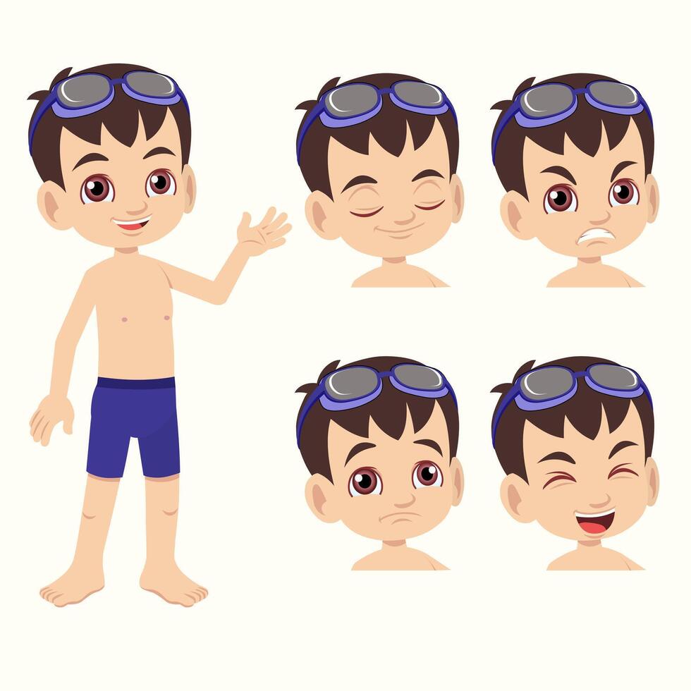 Cute young boy wearing swimsuit and goggles on head with set of face expression vector