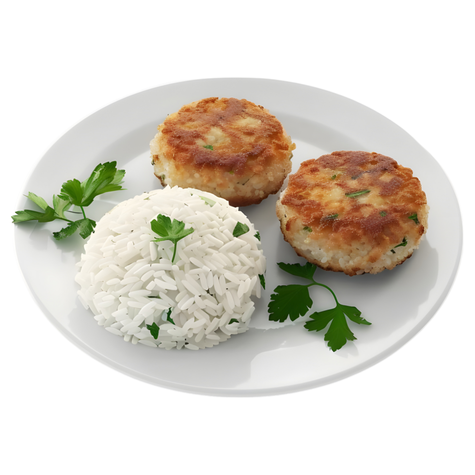 3D Rendering of a White Rice with meat piece in a Plate on Transparent Background png