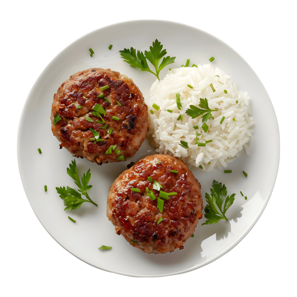 3D Rendering of a White Rice with meat piece in a Plate on Transparent Background png