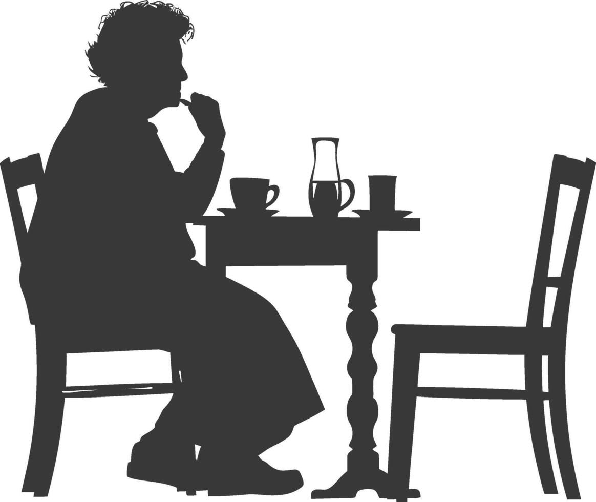 Silhouette elderly woman sitting at a table in the cafe vector