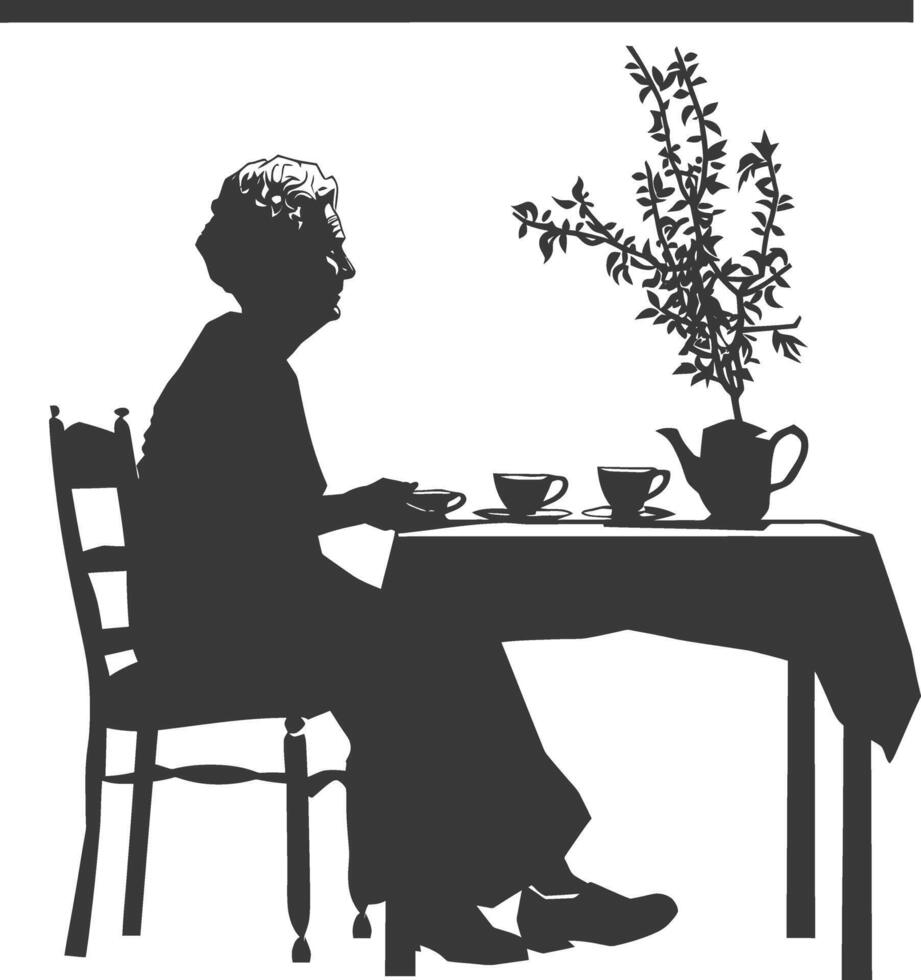 Silhouette elderly woman sitting at a table in the cafe vector