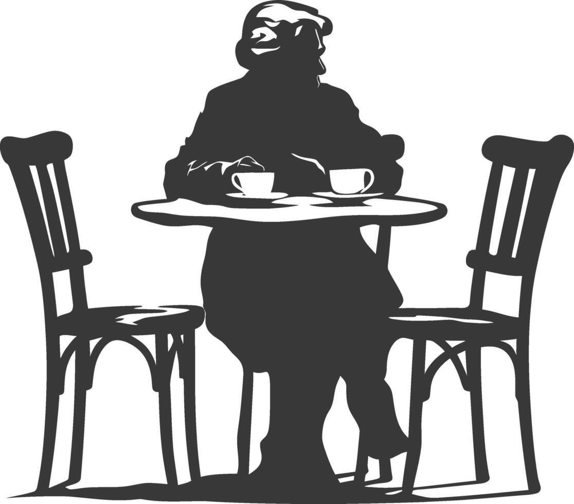 Silhouette elderly woman sitting at a table in the cafe vector