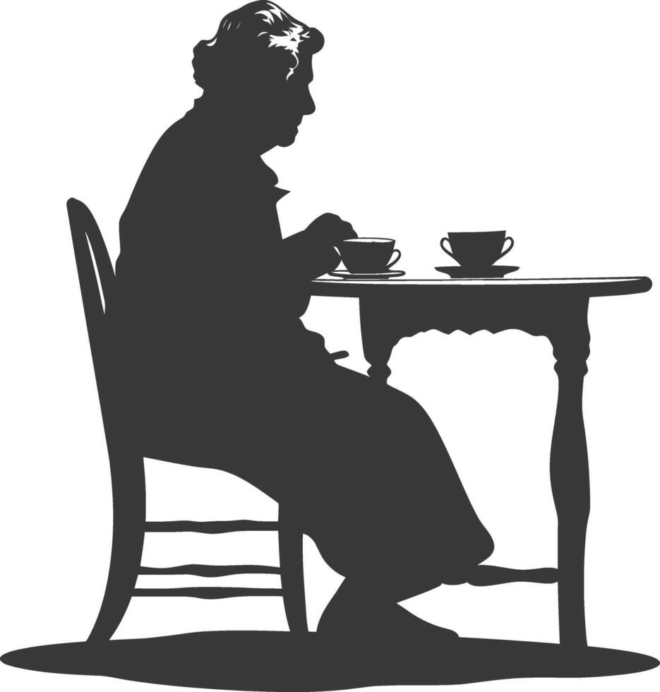 Silhouette elderly woman sitting at a table in the cafe vector