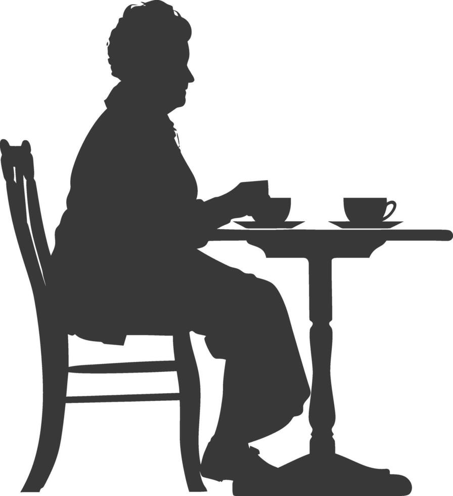 Silhouette elderly woman sitting at a table in the cafe vector