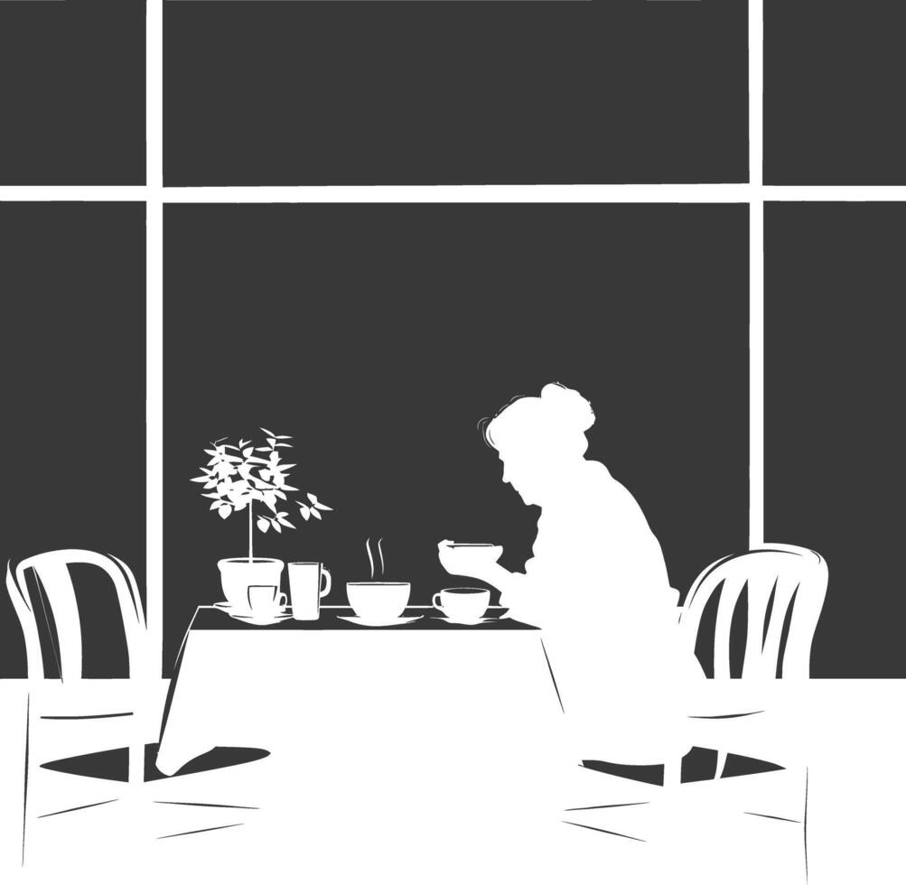 Silhouette elderly woman sitting at a table in the cafe vector