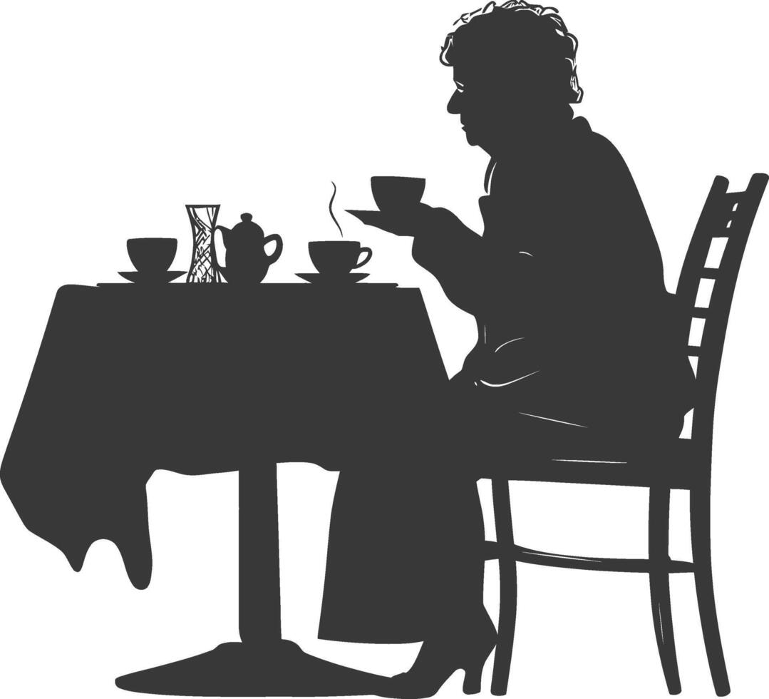 Silhouette elderly woman sitting at a table in the cafe vector