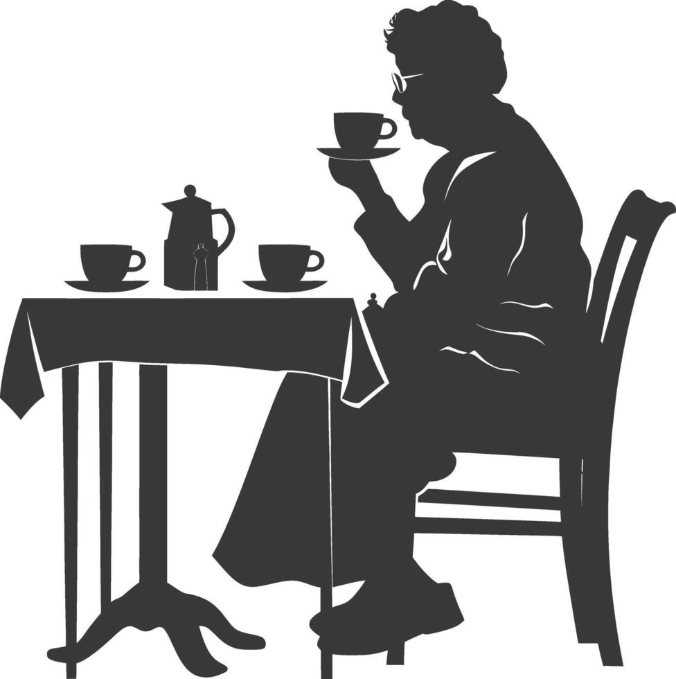 Silhouette elderly woman sitting at a table in the cafe vector