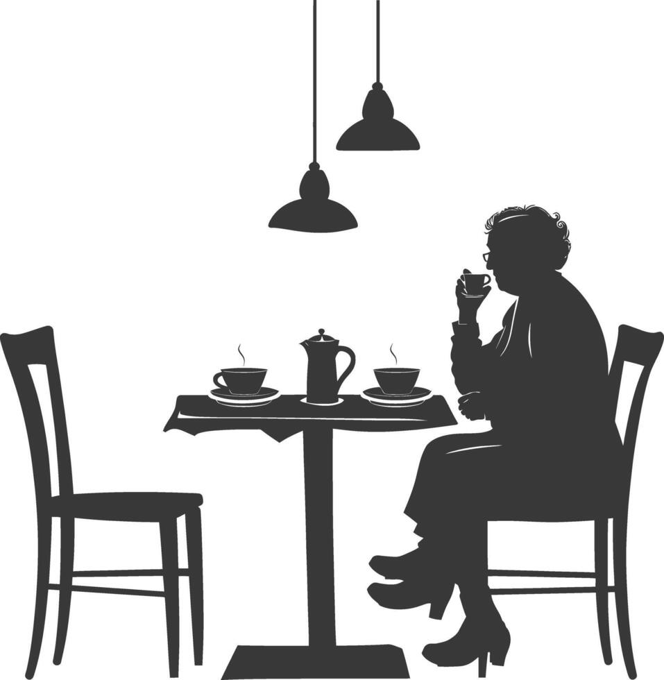 Silhouette elderly woman sitting at a table in the cafe vector