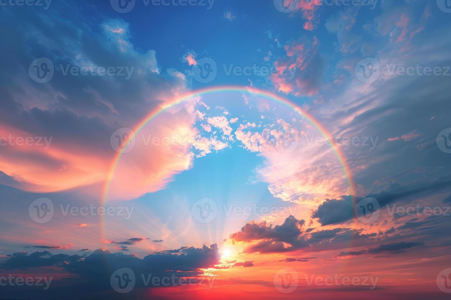 on theme of beautiful tranquil landscape with magical bright rainbow at cloudy sky photo