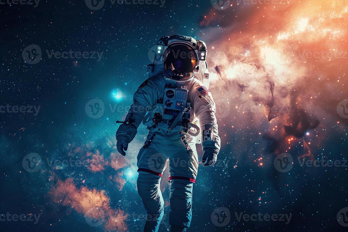 on theme of astronaut flying in zero gravity against starry sky in deep dark space photo