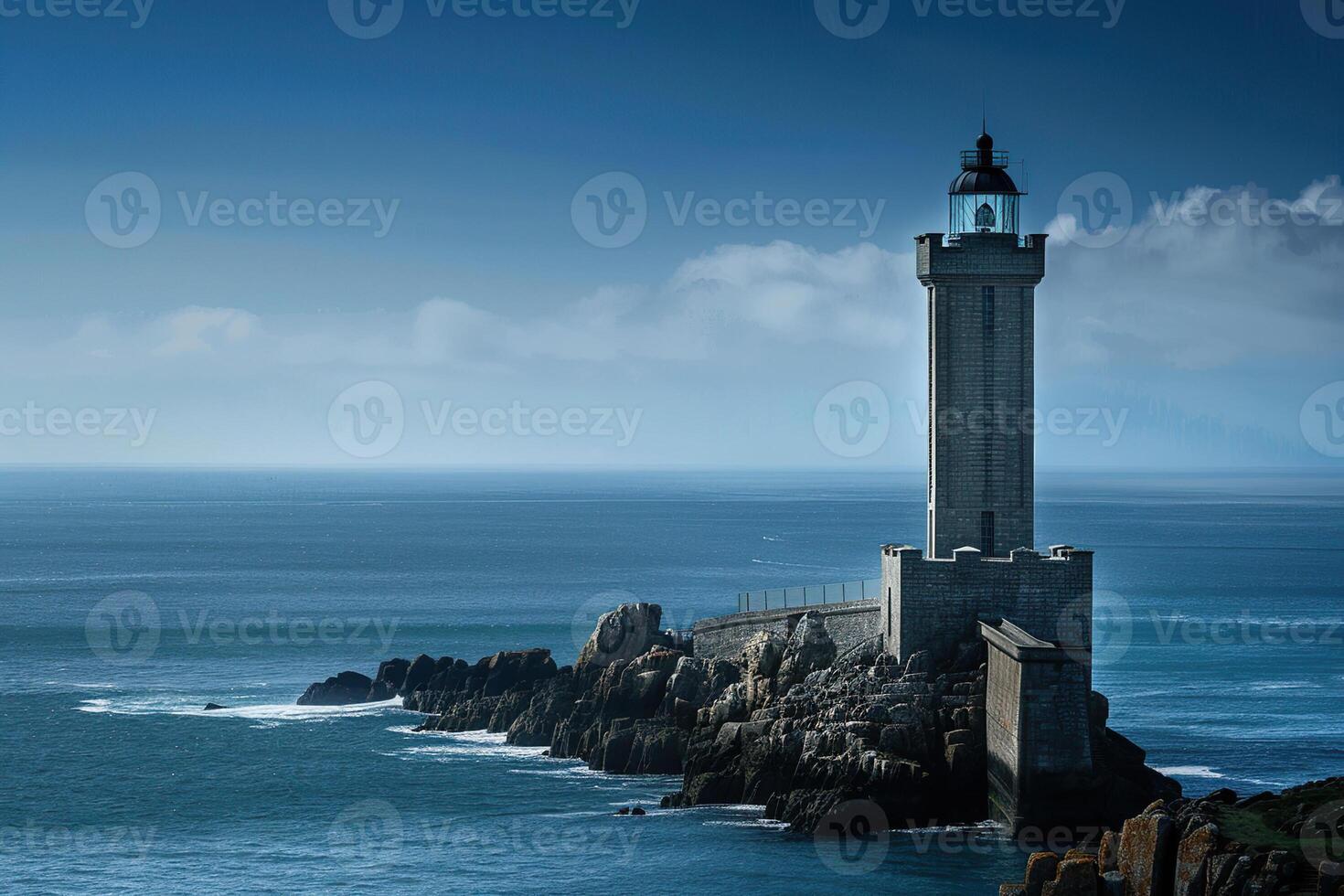 on theme of large retro lighthouse with beam of bright light shining out to blue sea photo