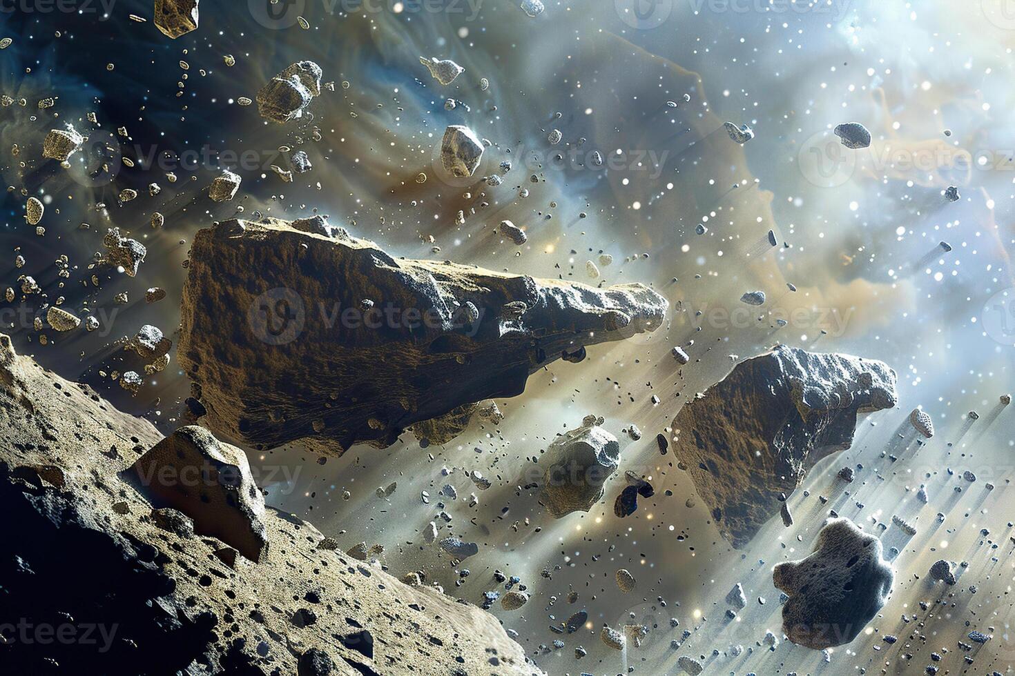 Meteorite falling to ground against starry sky in deep dark space photo