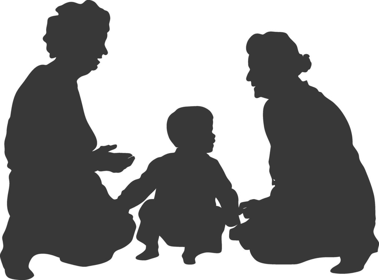 Silhouette elderly women and little boy were sitting while talking black color only vector