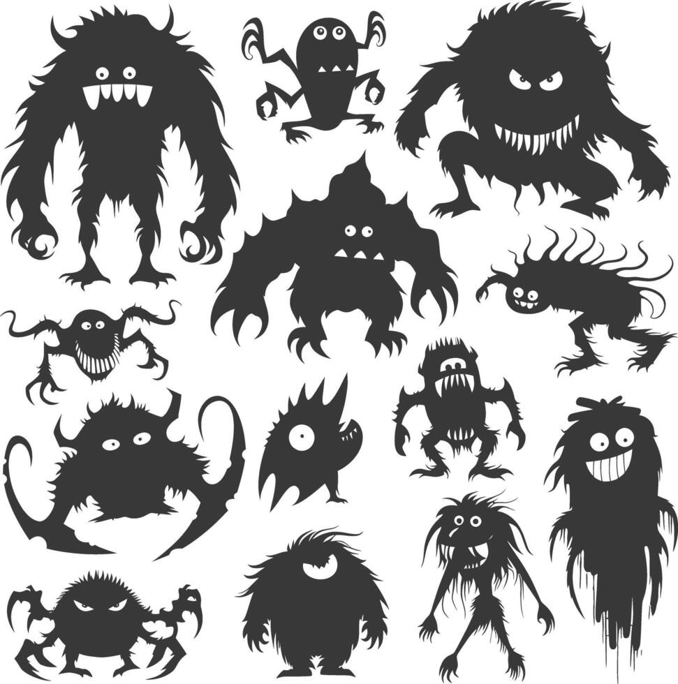 Silhouette funny monsters collection set black color only vector