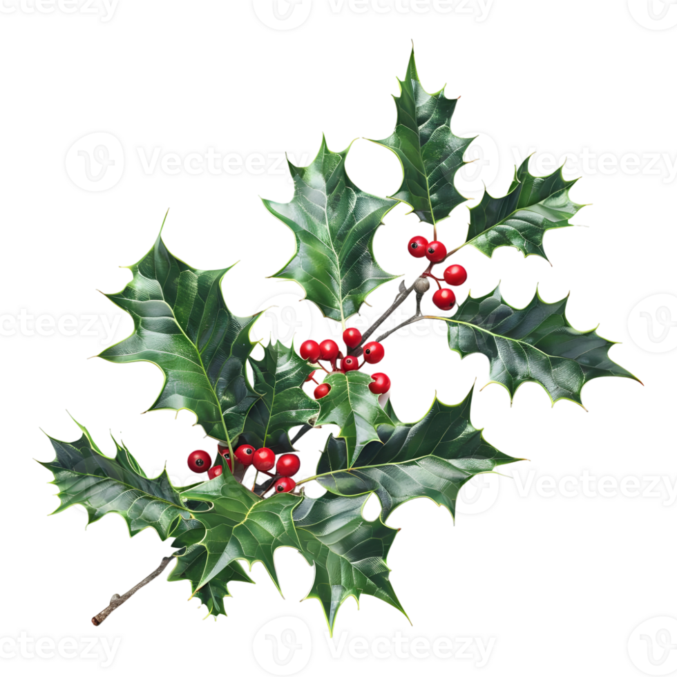 3D Rendering of a Christmas plant holly leaves with berries on Transparent Background png