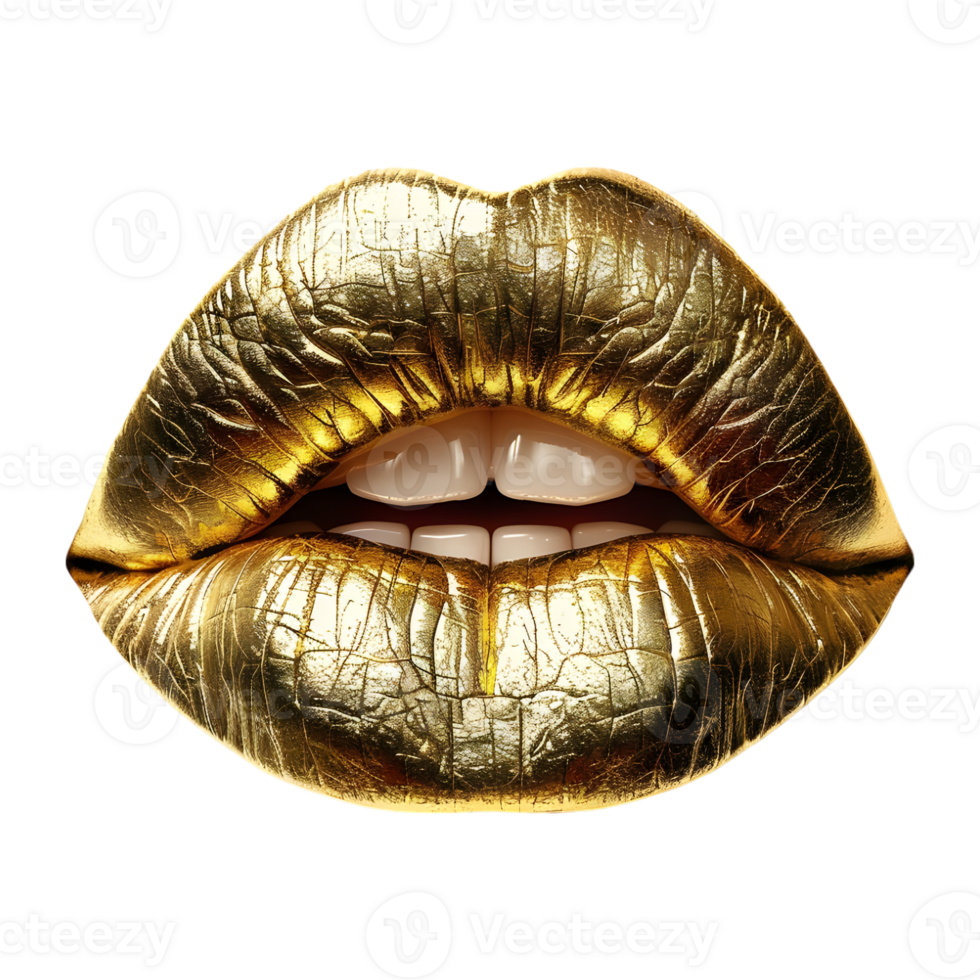 3d representación de un dorado mujer labios en transparente antecedentes png