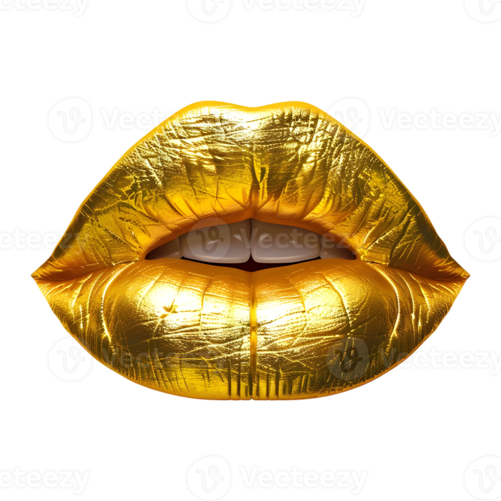 3d representación de un dorado mujer labios en transparente antecedentes png