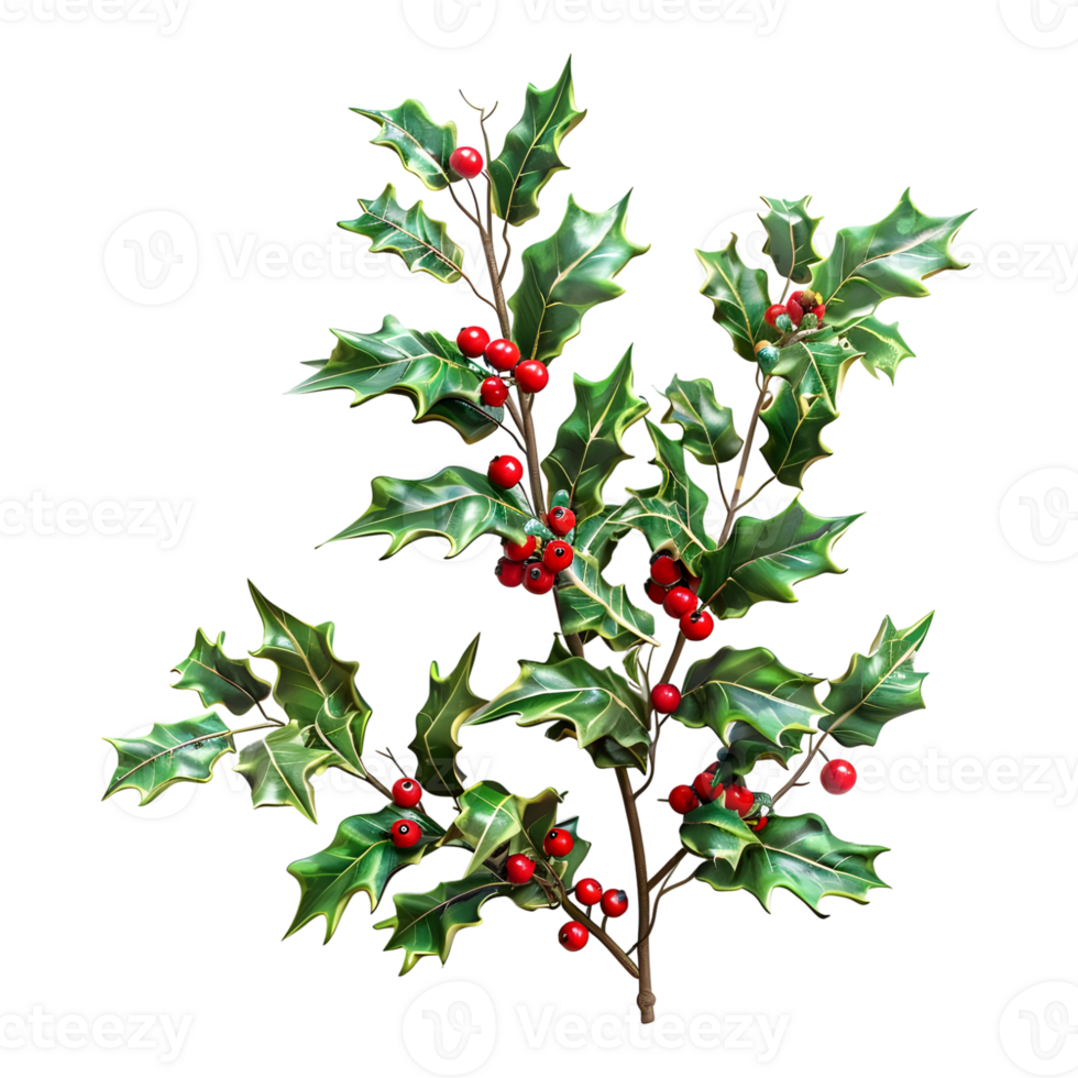 3D Rendering of a Christmas plant holly leaves with berries on Transparent Background png