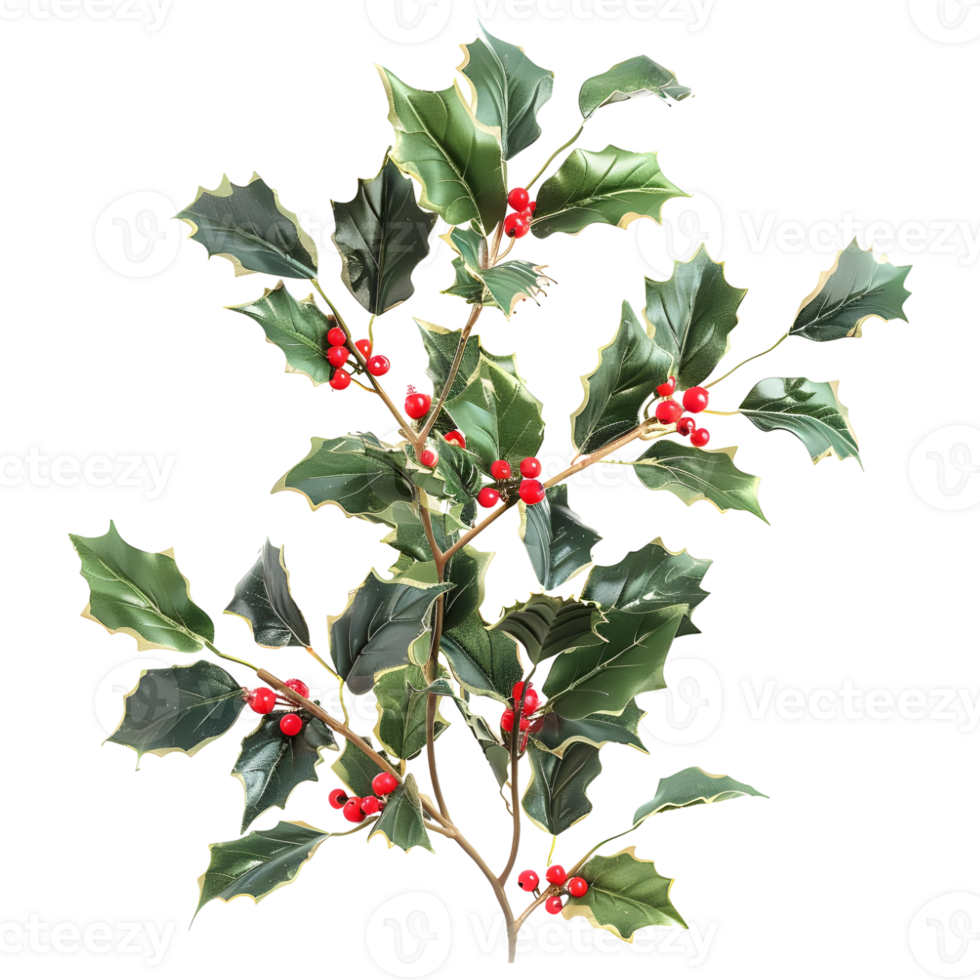 3D Rendering of a Christmas plant holly leaves with berries on Transparent Background png