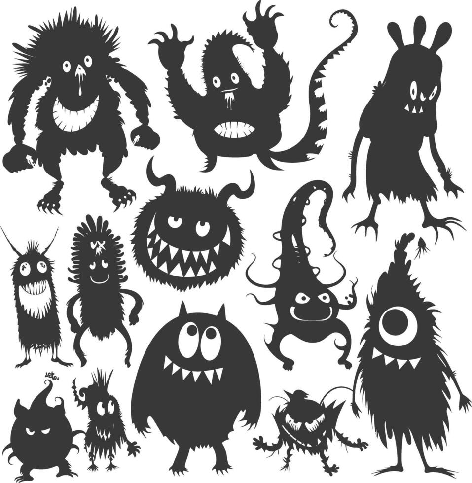 Silhouette funny monsters collection set black color only vector