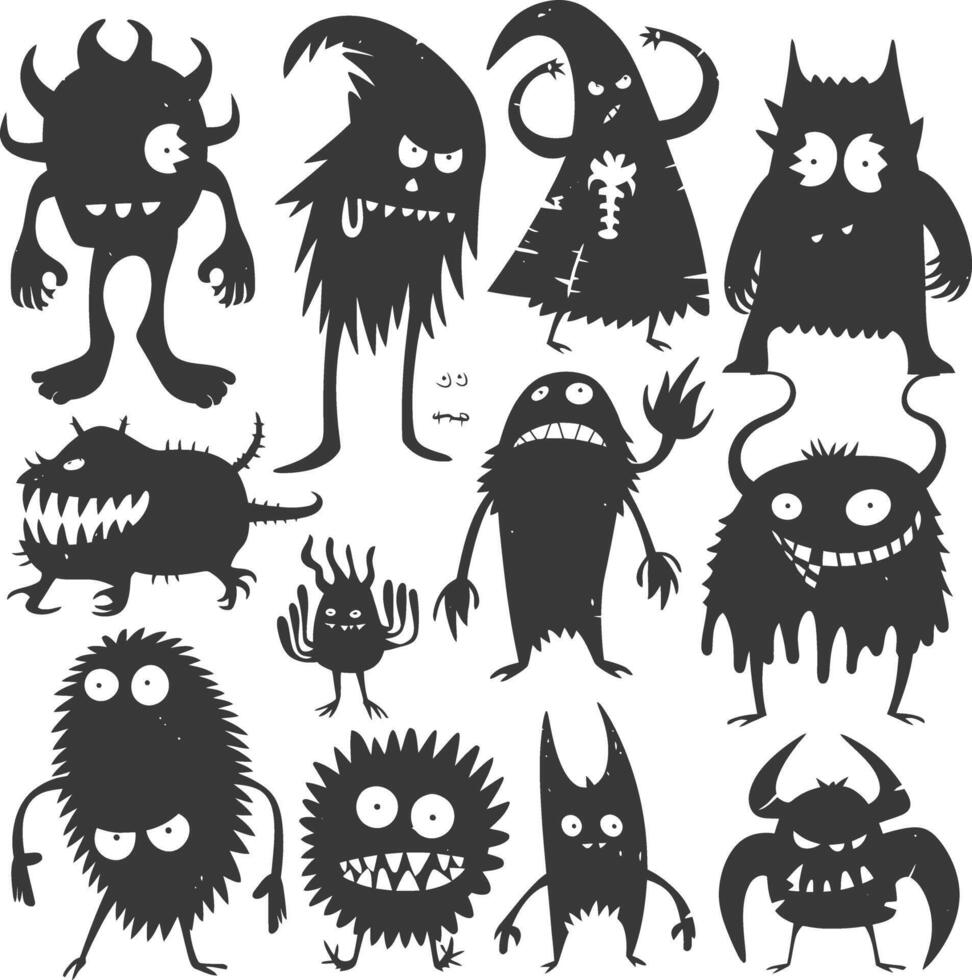 Silhouette funny monsters collection set black color only vector