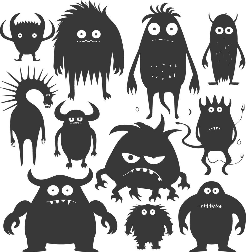 Silhouette funny monsters collection set black color only vector