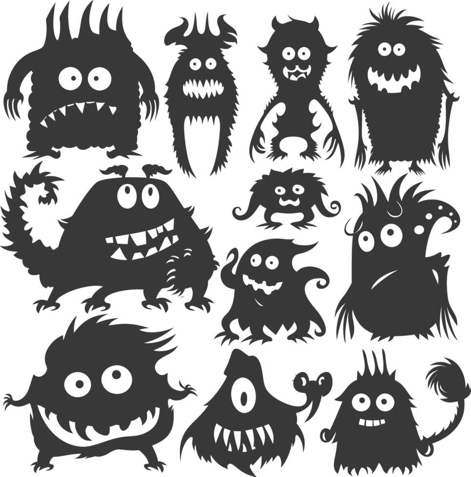 Silhouette funny monsters collection set black color only vector