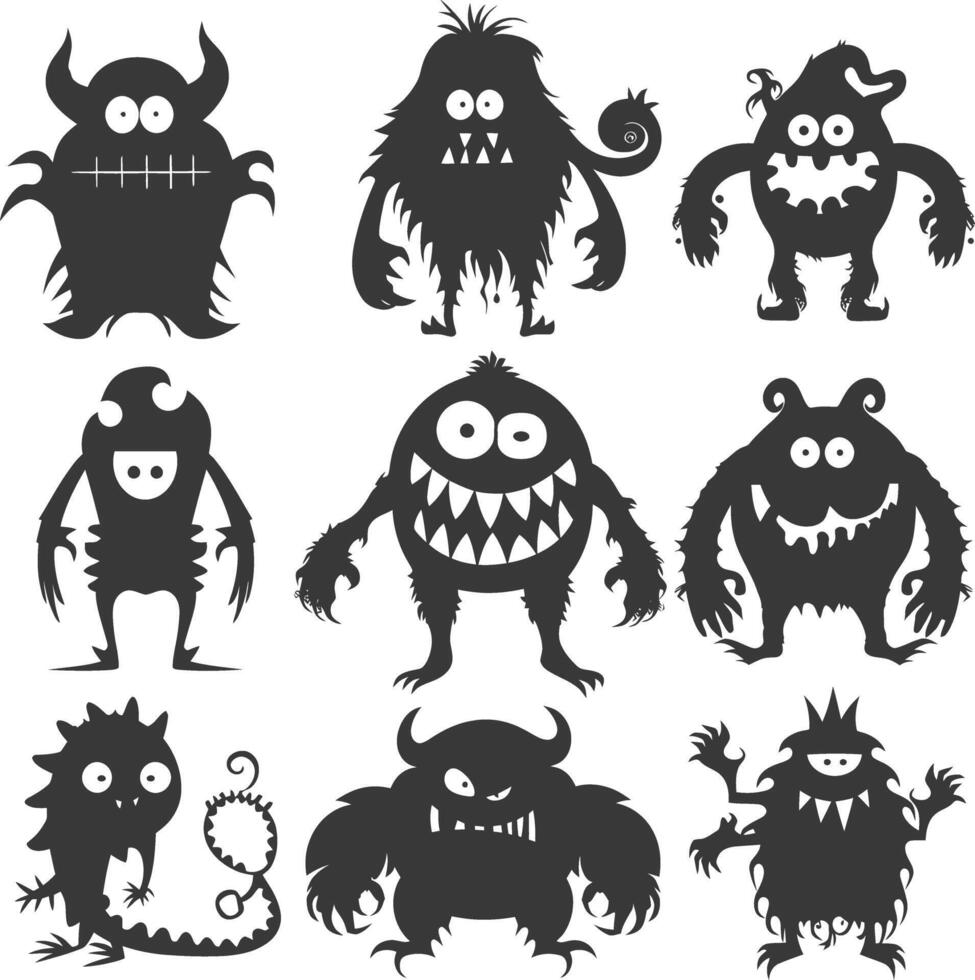 Silhouette funny monsters collection set black color only vector