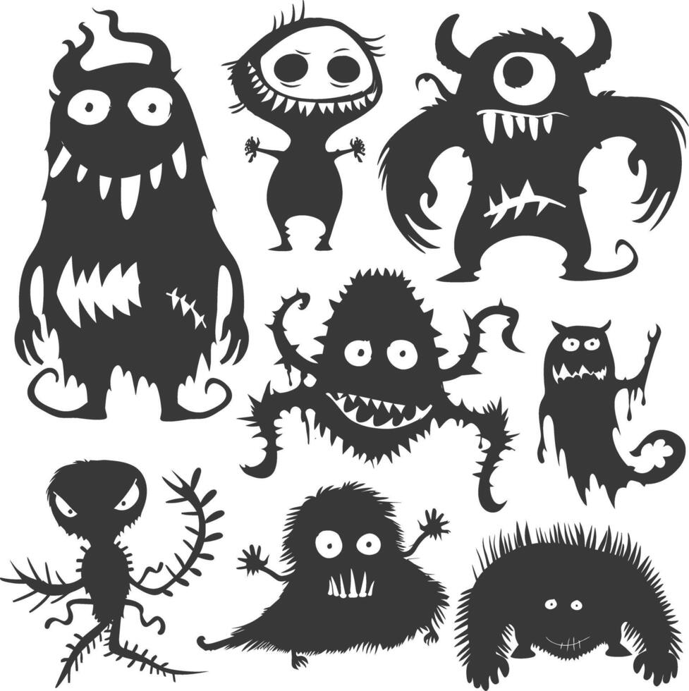 Silhouette funny monsters collection set black color only vector