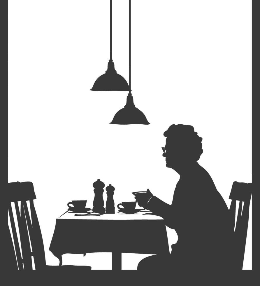 Silhouette elderly woman sitting at a table in the cafe vector