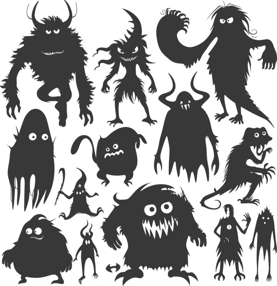 silueta gracioso monstruos colección conjunto negro color solamente vector