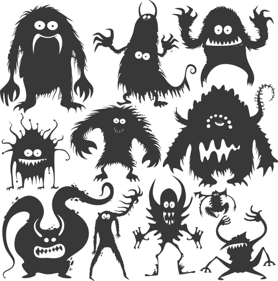 Silhouette funny monsters collection set black color only vector
