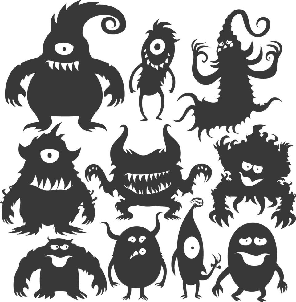 Silhouette funny monsters collection set black color only vector