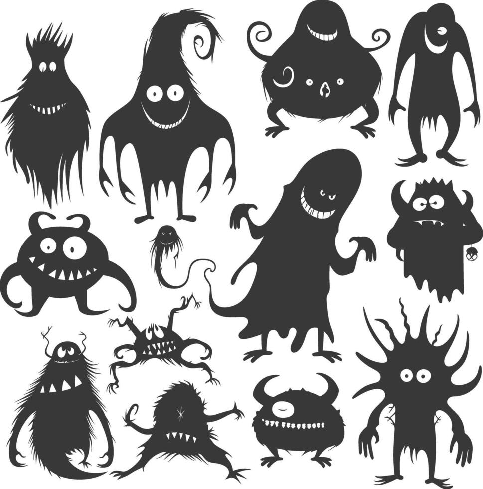 Silhouette funny monsters collection set black color only vector