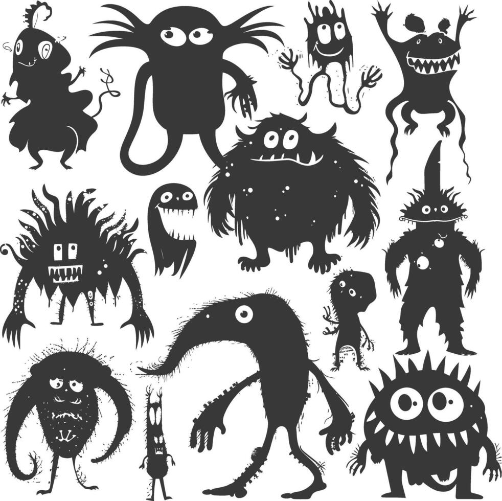 Silhouette funny monsters collection set black color only vector