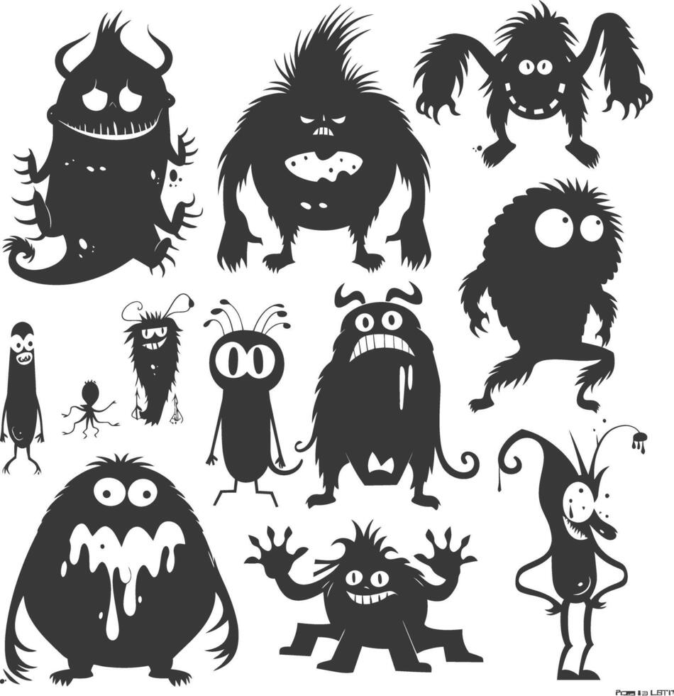 Silhouette funny monsters collection set black color only vector