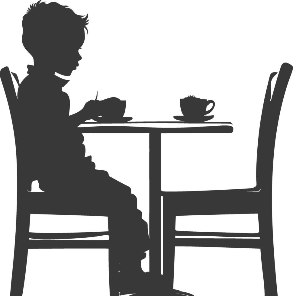 Silhouette little boy sitting at a table in the cafe black color only vector