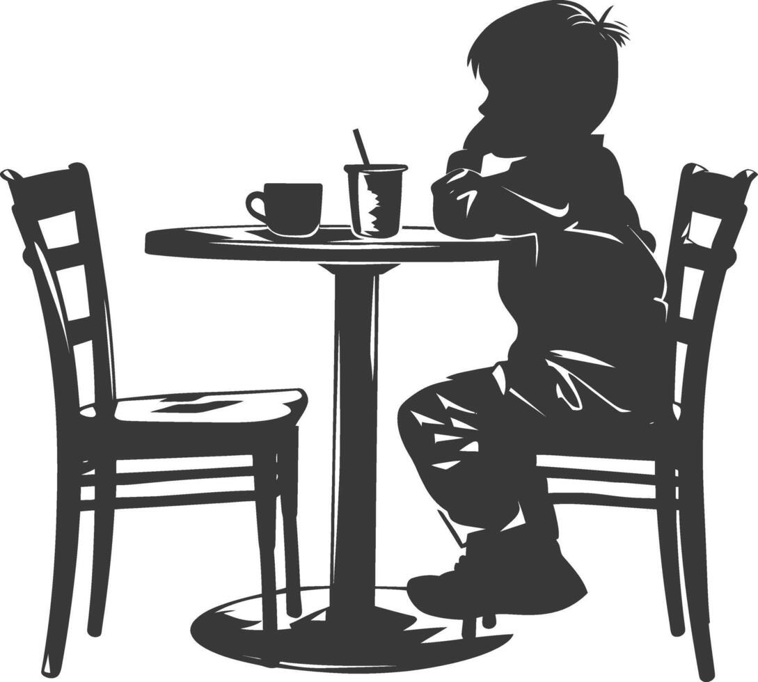 silueta pequeño chico sentado a un mesa en el café negro color solamente vector