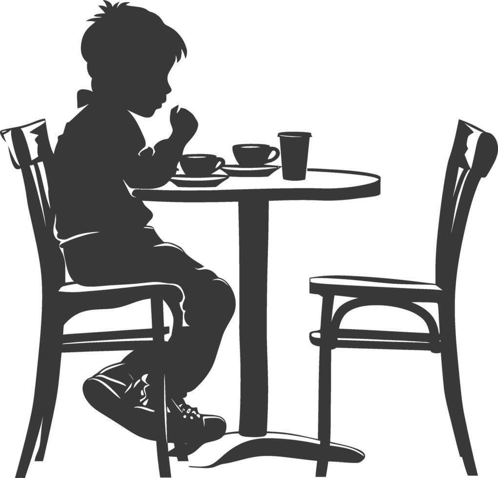 silueta pequeño chico sentado a un mesa en el café negro color solamente vector