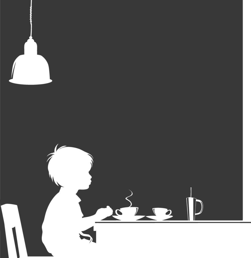 silueta pequeño chico sentado a un mesa en el café negro color solamente vector