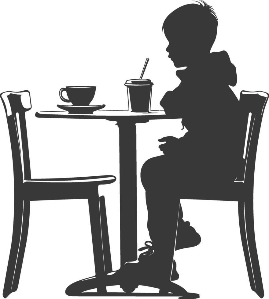 silueta pequeño chico sentado a un mesa en el café negro color solamente vector